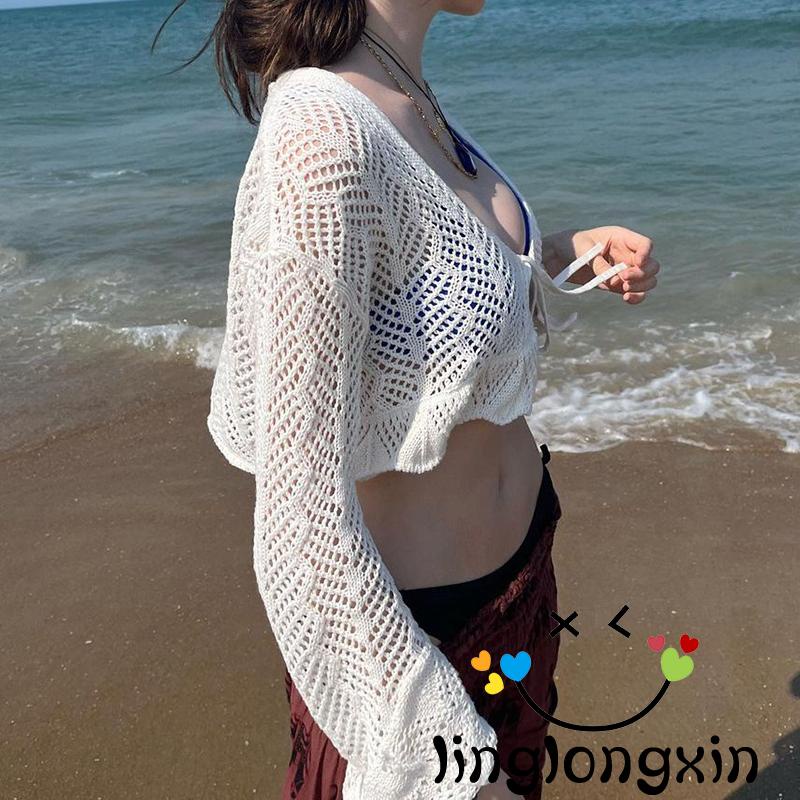 Áo Thun Đan Móc Kiểu Cardigan Cổ Điển Tay Loe Màu Trắng Buộc Dây Cho Nữ Linglongxi2-Chic Y2K Fairycore