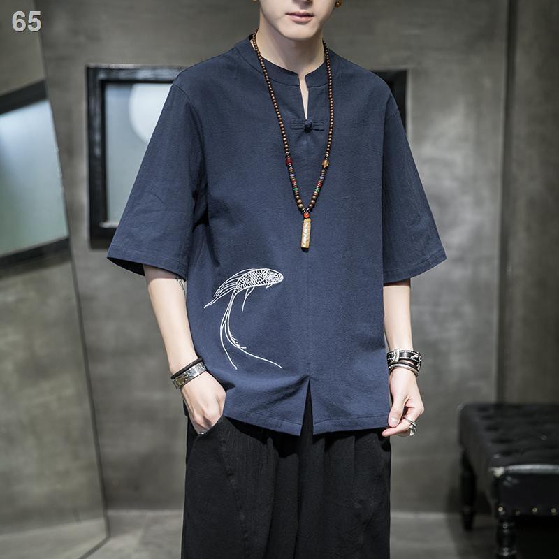 Áo thun thêu cá chép mùa hè của nam giới phức tạp cổ chữ v nút bản Hanfu ngắn tay phong cách Trung Quốc rộng rã