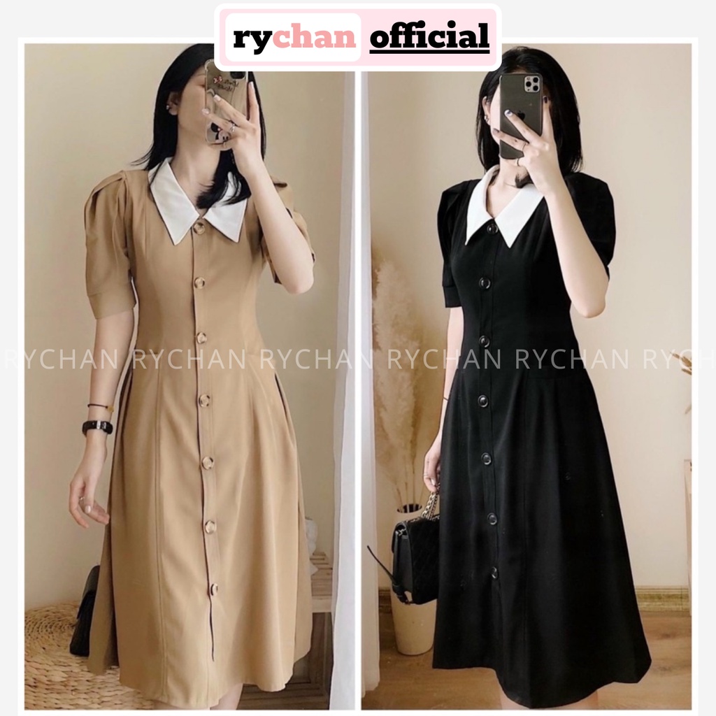 Đầm Nữ Dự Tiệc Sang Trọng Dáng Dài Cổ Trắng Nút Trước Tay Ngắn Bo Eo Cực Thanh Lịch Màu Nude Đen - DX9789