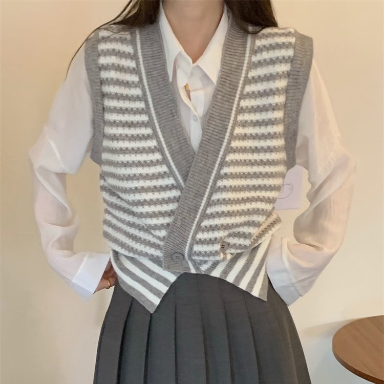 Áo Cardigan Dệt Kim Cổ Tròn Kẻ Sọc Caro Phong Cách Hàn Quốc Thời Trang Cho Nữ 3 Màu Tùy Chọn