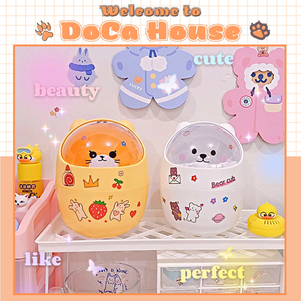 Thùng rác mini DOCA có nắp đậy để bàn hình gấu mèo, sọt rác mini để bàn dễ thương văn phòng phẩm (tặng sticker)