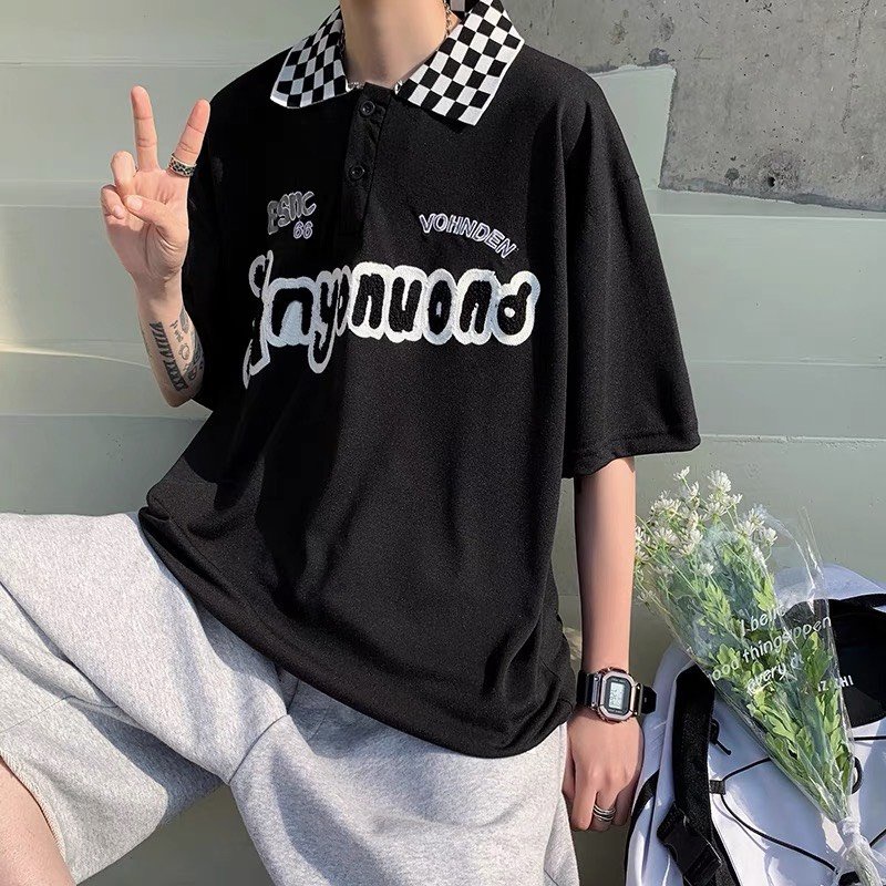 Áo thun Polo cổ bẻ Caro Boin thêu xù ANONY, Polo from rộng unisex vải thun da cá cao cấp 4 chiều - Gin Store