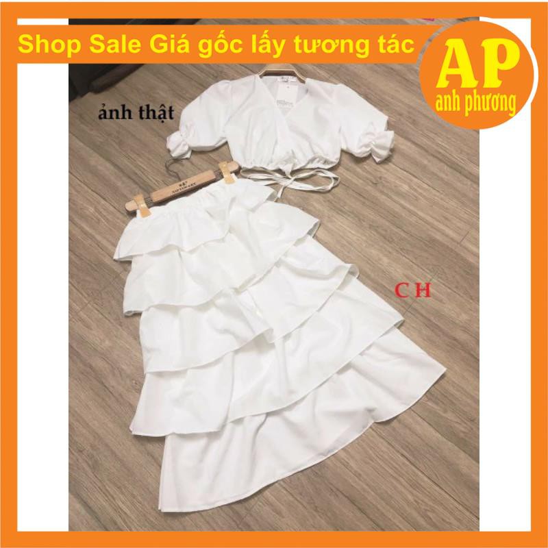 SÉT ĐỒ NỮ gồm sét hai món áo Croptop Cổ V + Chân váy bèo 5 tầng❤ Sét trang phục có Chân váy dài xòe qua gối giá rẻ | BigBuy360 - bigbuy360.vn