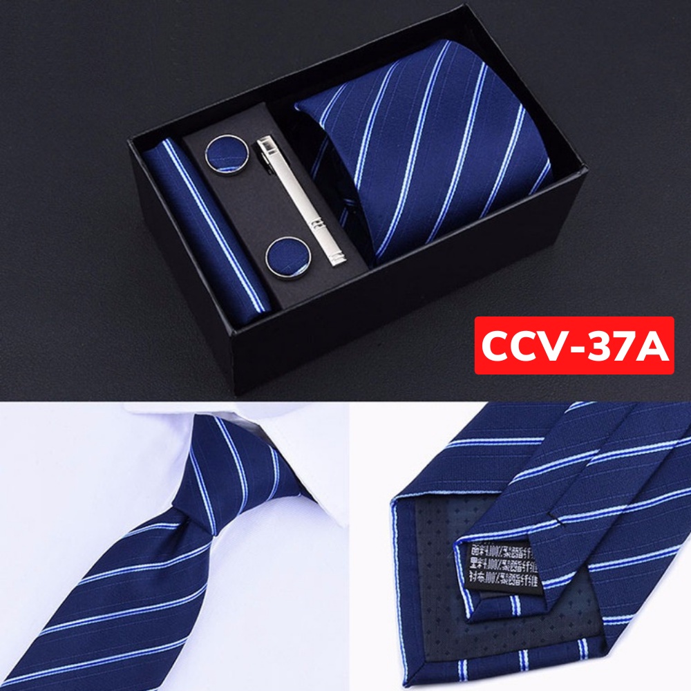 Bộ Cravat Nam 4 món gồm Cà vạt 8cm, khăn cài túi, kẹp cà vạt, măng-set đóng hộp quà tặng sang trọng