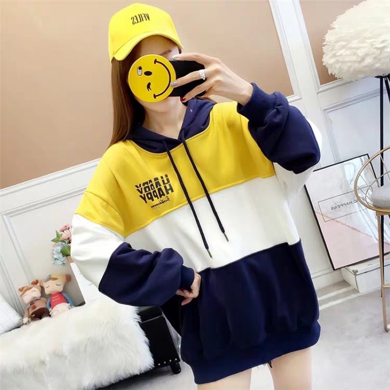 Áo Nỉ Hoodie Phối Sọc Ngang Happy KN18 vài thun co giãn 4 chiều mặc thoải mái Size <65kg | BigBuy360 - bigbuy360.vn