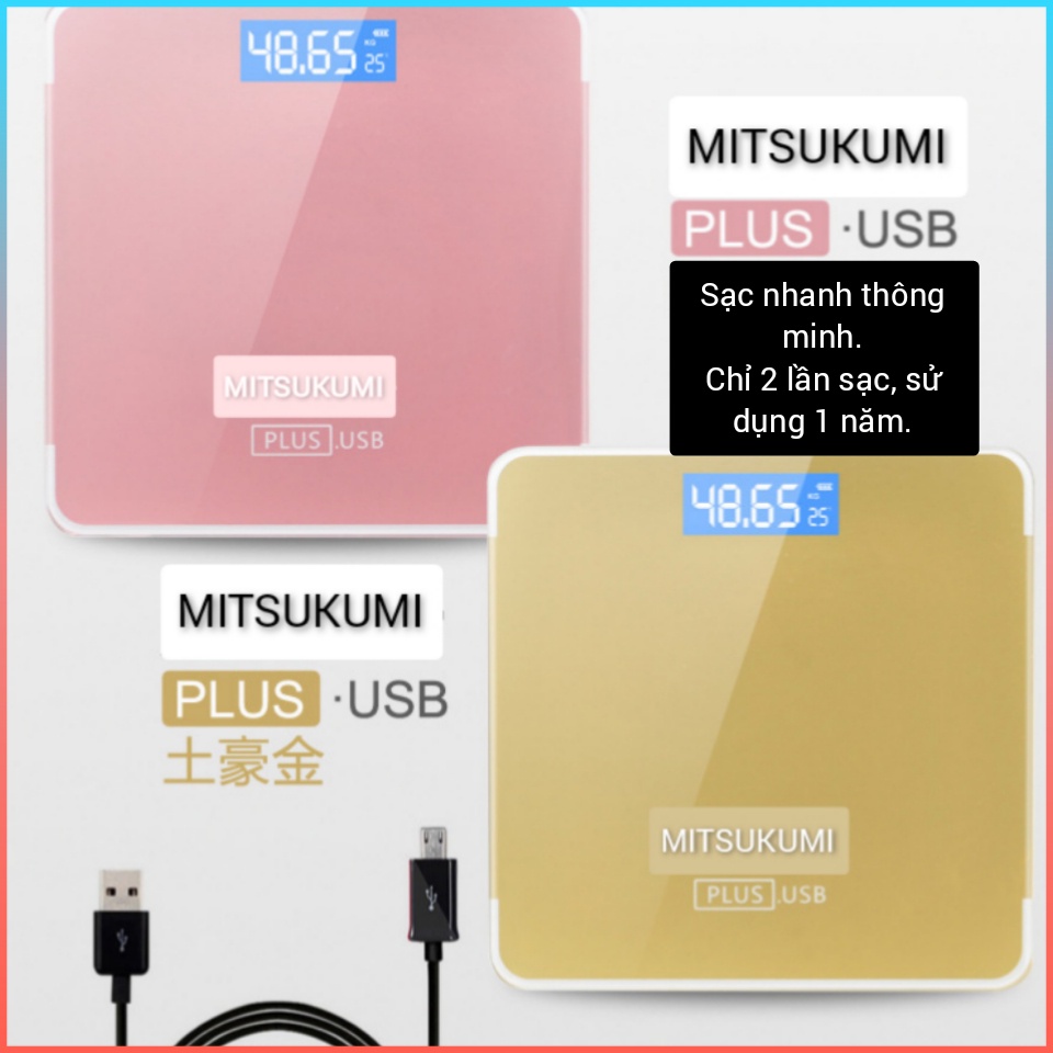 Cân điện tử sạc USB Mitsukumi, Cân sức khỏe gia đình hiển thị nhiệt độ, tặng cáp sạc + thước dây [Bảo hành 12 tháng]