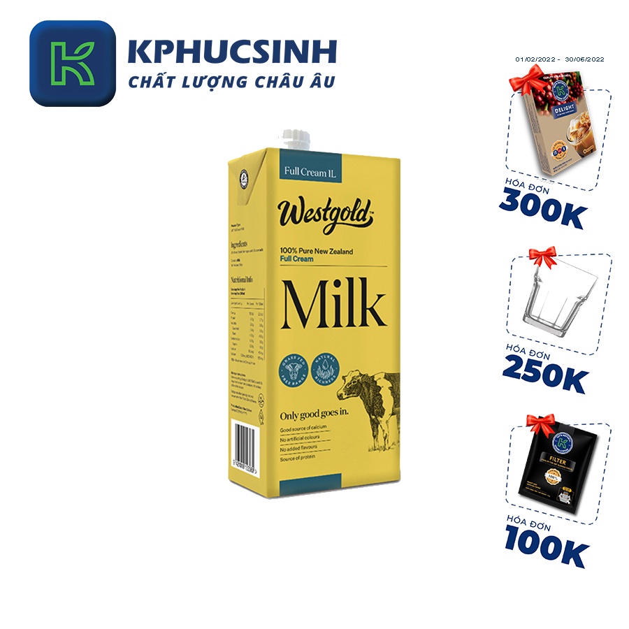 Sữa tươi tiệt trùng nguyên chất hiệu Westgold 1l KPHUCSINH - Hàng Chính Hãng