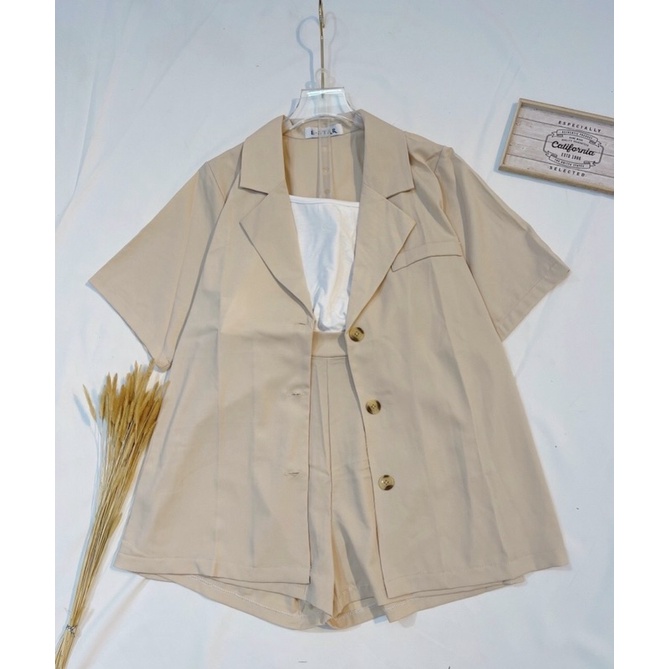 Set blazer vest cộc tay vải trơn thiết kế thanh lịch, trẻ trung