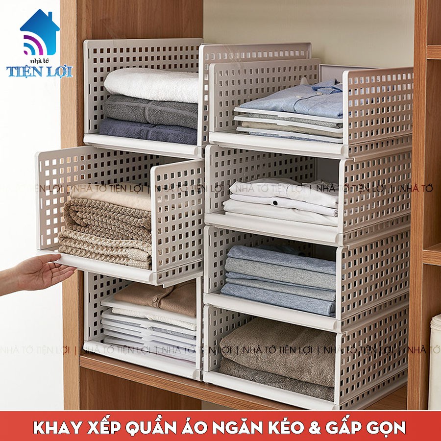 Kệ chia vách ngăn tủ, khay xếp quần áo gấp gọn đa năng, chồng lên kéo