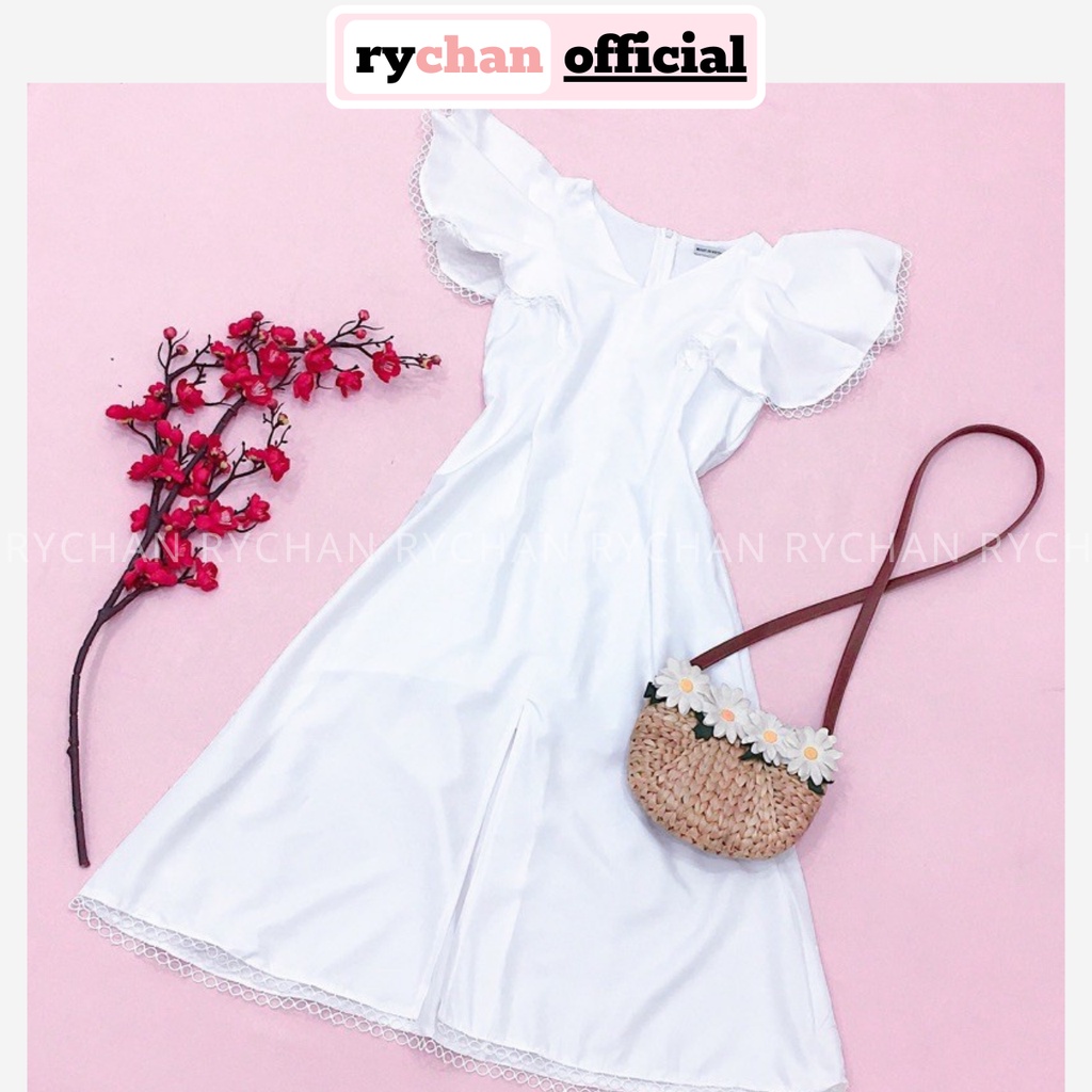 Đầm Váy Nữ Dự Tiệc Sang Trọng Cổ V Viền Ren Tay Ngắn Phồng Thắt Eo Cực Hút Mắt Màu Trắng Đen - DX9861