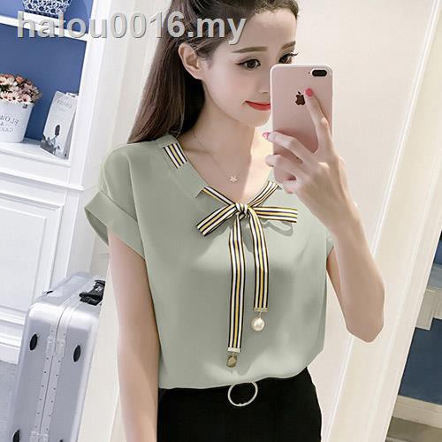 Áo Sơ Mi Voan Tay Ngắn Cổ Chữ V Thắt Nơ Xinh Xắn Hợp Thời Trang Hè Phong Cách Hàn Quốc Cho Nữ Size S-3Xl