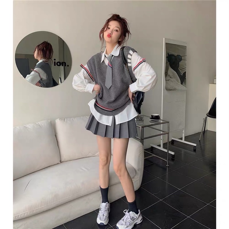 Bộ váy sơ mi xám