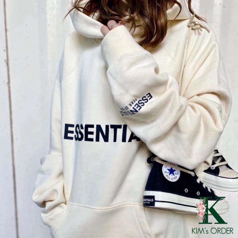 Áo hoodie Unisex chữ ESSENTIALS màu đen trắng be xám đậm chất nỉ bông có mũ dài tay phong cách Ulzzang form rộng LK1 | BigBuy360 - bigbuy360.vn