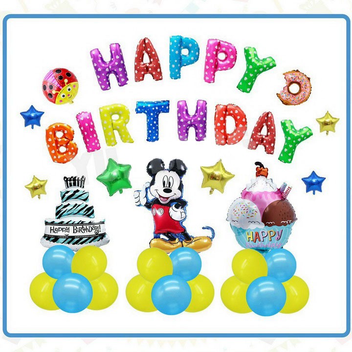 Set bóng sinh nhật chủ đề chuột mickey xanh, set bóng sinh nhật cho bé tuổi tí, tuổi chuột