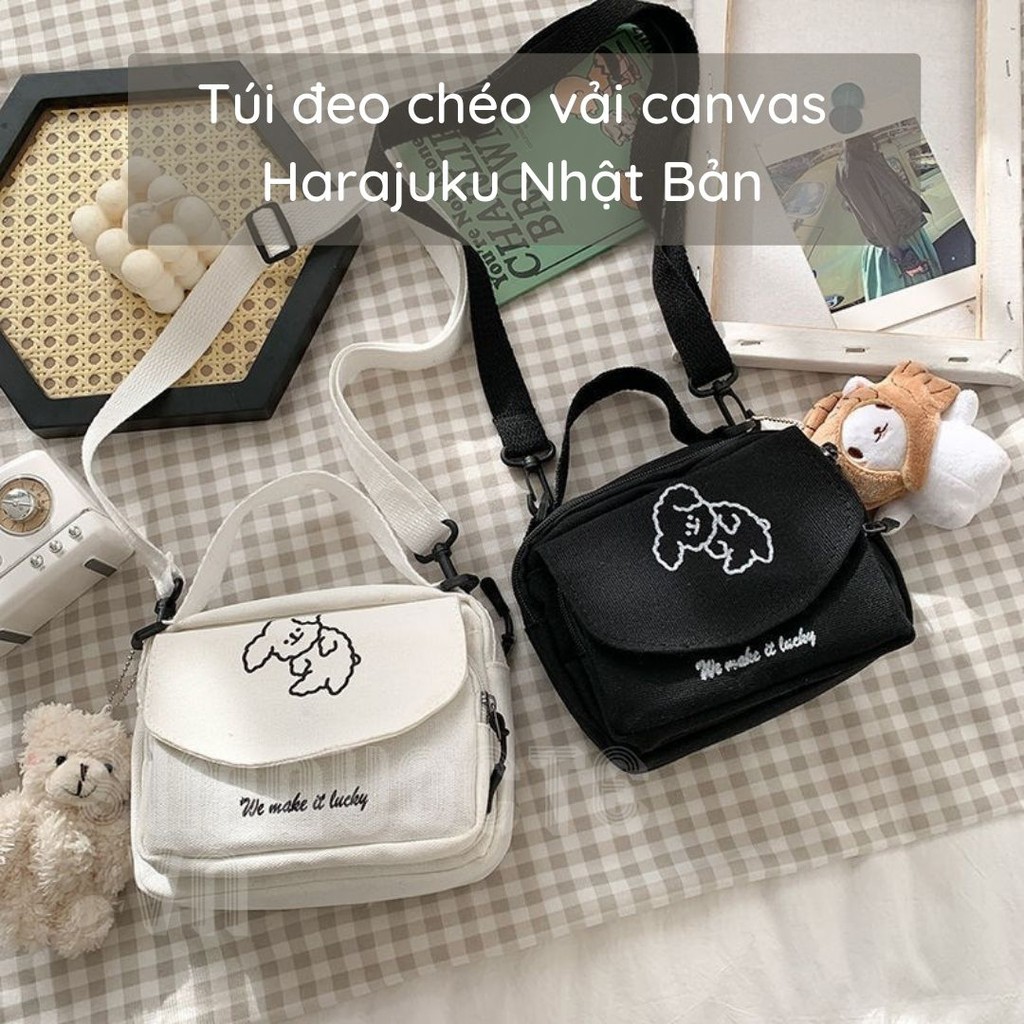 Túi canvas đeo chéo thêu hình chú chó đáng yêu phong cách Harajuku Nhật Bản