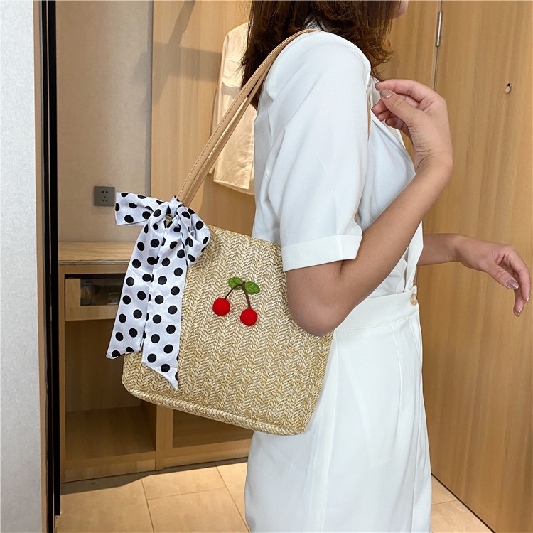 Túi Cói Đẹp Đeo Vai Thời Trang Đi Biển, Đi Du Lịch ( mẫu Cherry)