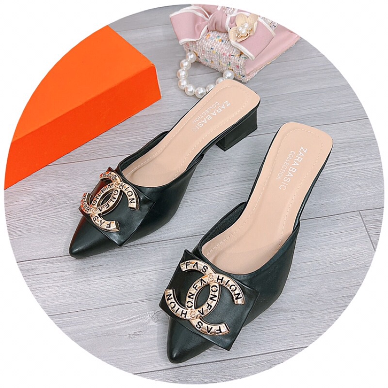 Dép sục nữ cao gót mũi nhọn da lì X in chữ nổi gót vuông 4cm