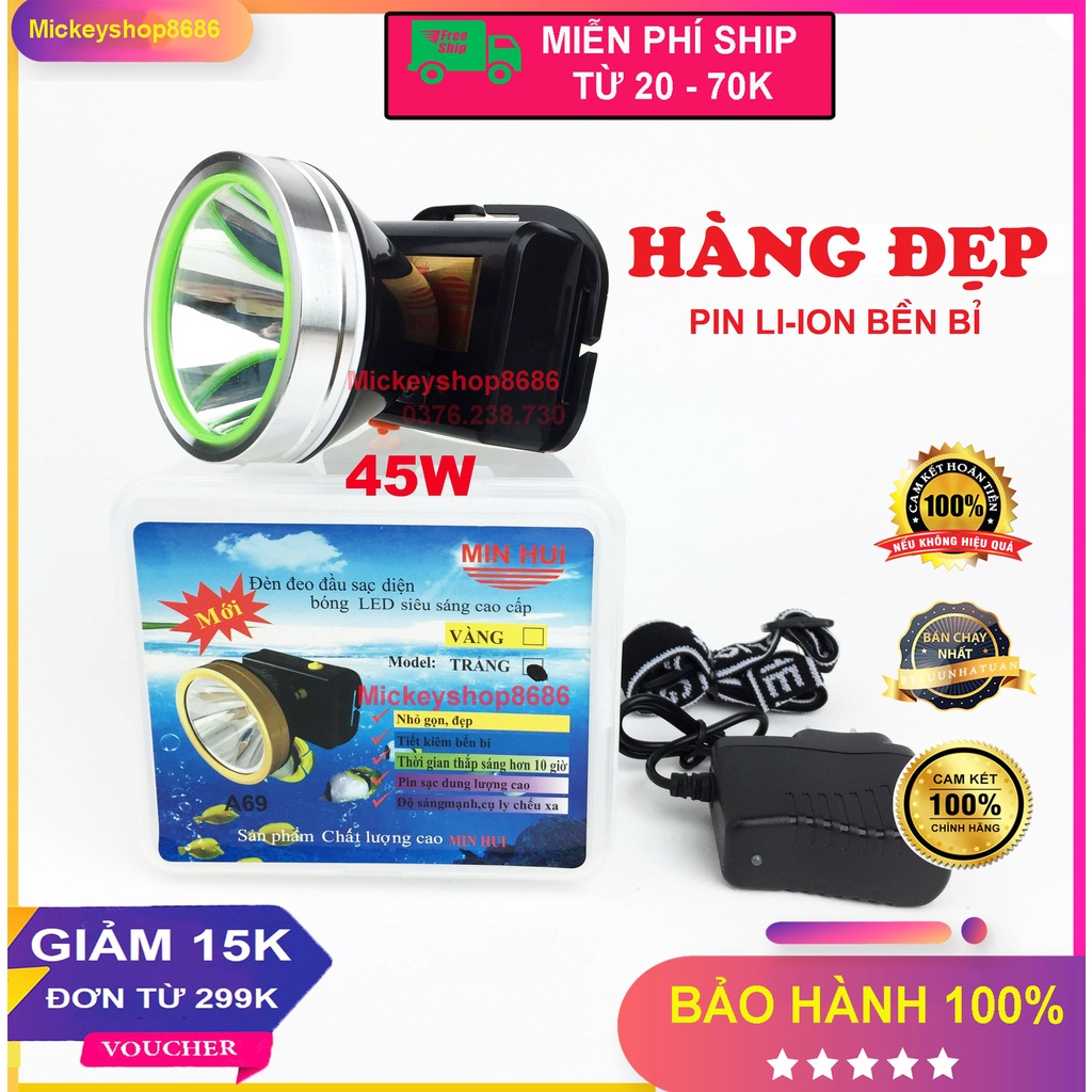 Đèn Pin Đội Đầu A69 siếu sáng ánh sáng mạnh chống nước (kín nước) Ánh sáng vàng và trắng đèn đeo đầu soi ếch dã ngoại