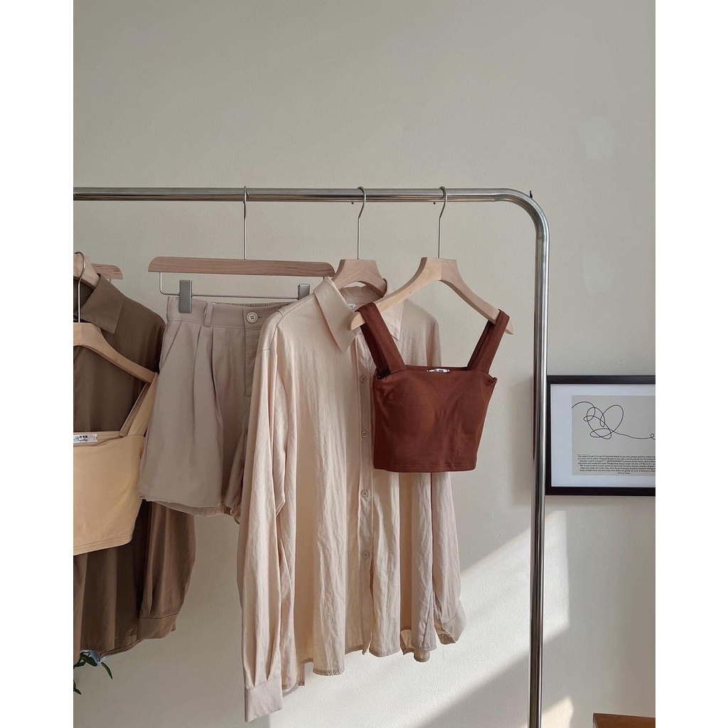 [HÀNG SẴN] Áo hai dây bản to croptop có sẵn đệm mút, áo bra nâu be đen trắng