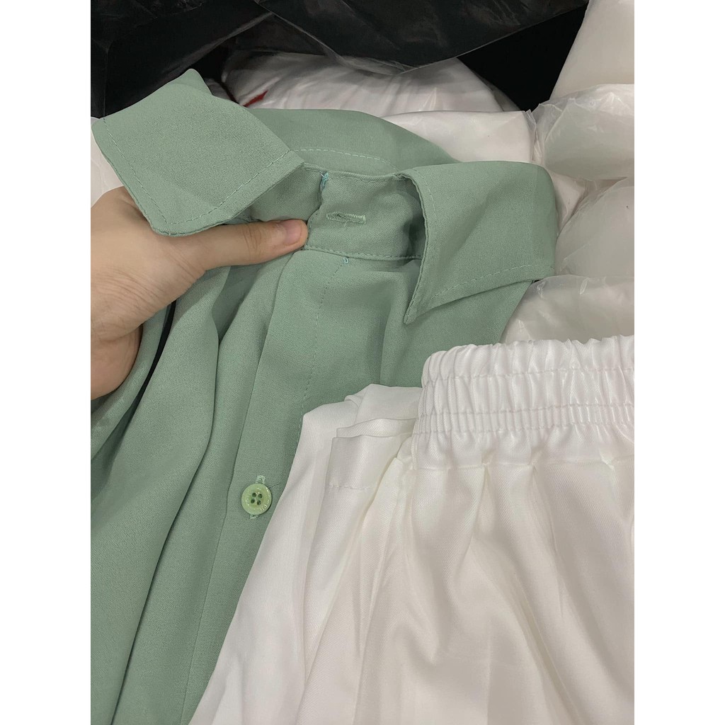 Set quần sớ đũi áo sơ mi xanh be nữ [FREESHIP] Bộ đồ công sở cao cấp, dáng suông ống rộng bigsize trendy ulzzang HOT | BigBuy360 - bigbuy360.vn