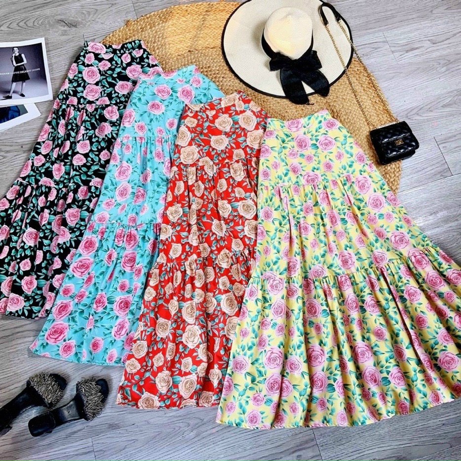 [8.8 Sales Freeship] Set váy maxi hoa đi biển nhiều màu sắc, áo 2 dây hoa có mút + chân váy dài đuôi cá xòe siêu xinh
