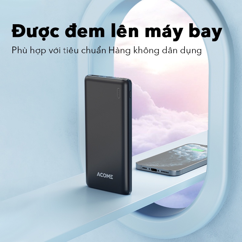 Pin sạc dự phòng 10.000mAh ACOME AP108, hai cổng hỗ trợ sạc nhiều thiết bị, 9 lớp bảo vệ an toàn, bảo hành 12 tháng