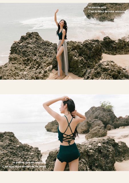 (Hà Nội_ có sẵn) Đồ bơi Bikini nữ 2 mảnh kèm quần hoạ tiết màu xanh