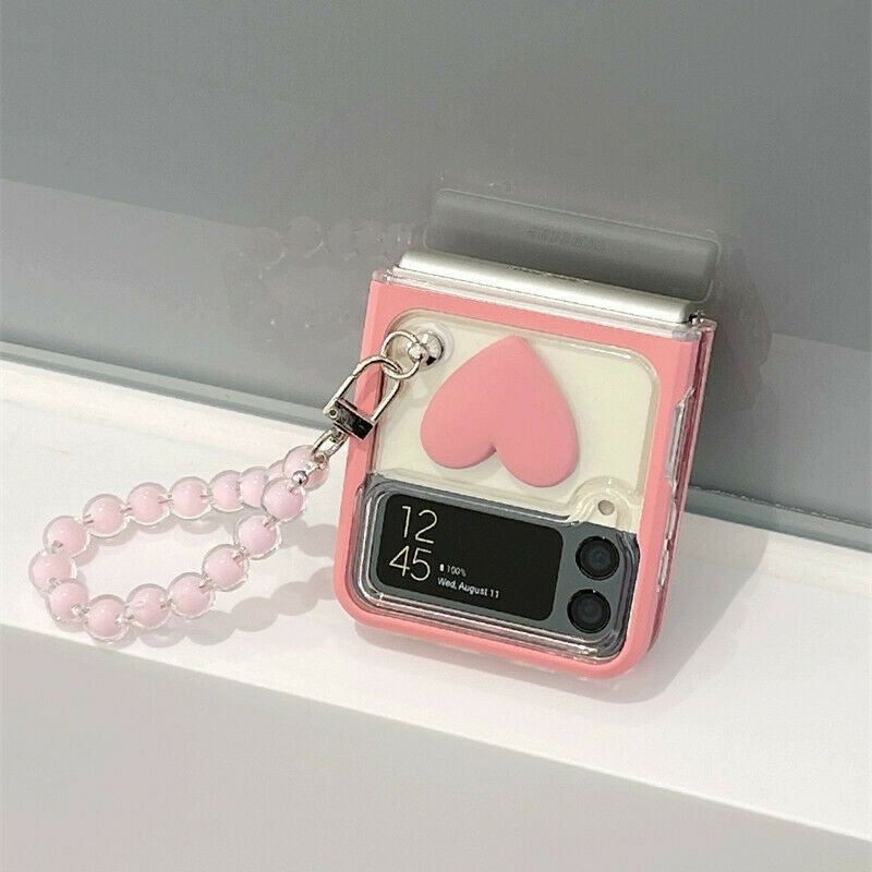 Ốp Samsung Z Flip5 - Z Flip 4- ZFlip3 - ZFlip4 5G viền hồng chống sốc có thể tháo rời kèm charm nơ và dây