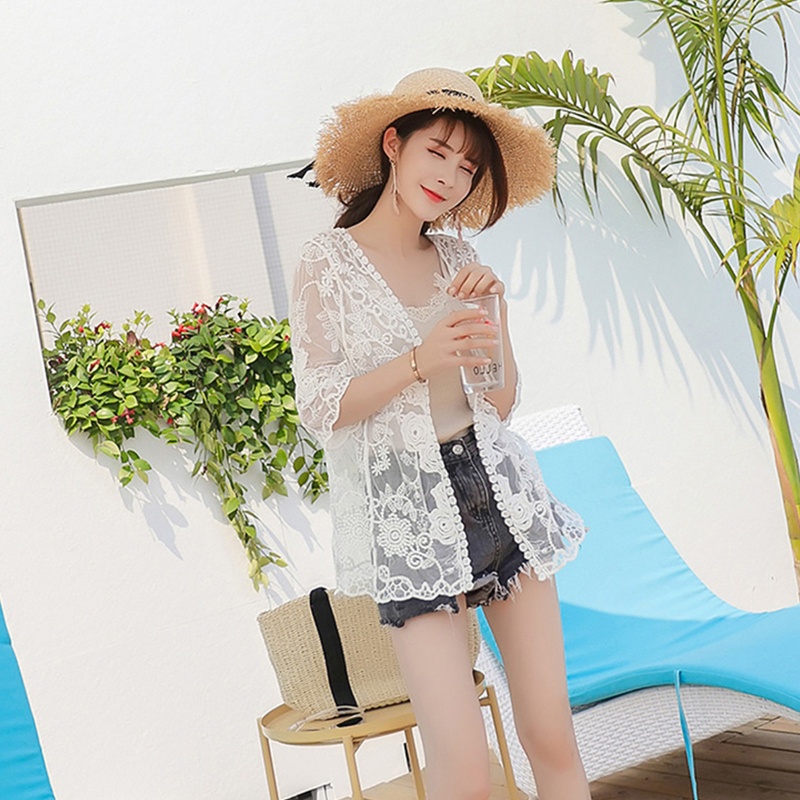 Áo Khoác Cardigan Tay 3 / 4 Thêu Ren Hoa Mặc Ngoài Bikini Thời Trang Mùa Hè Cho Nữ
