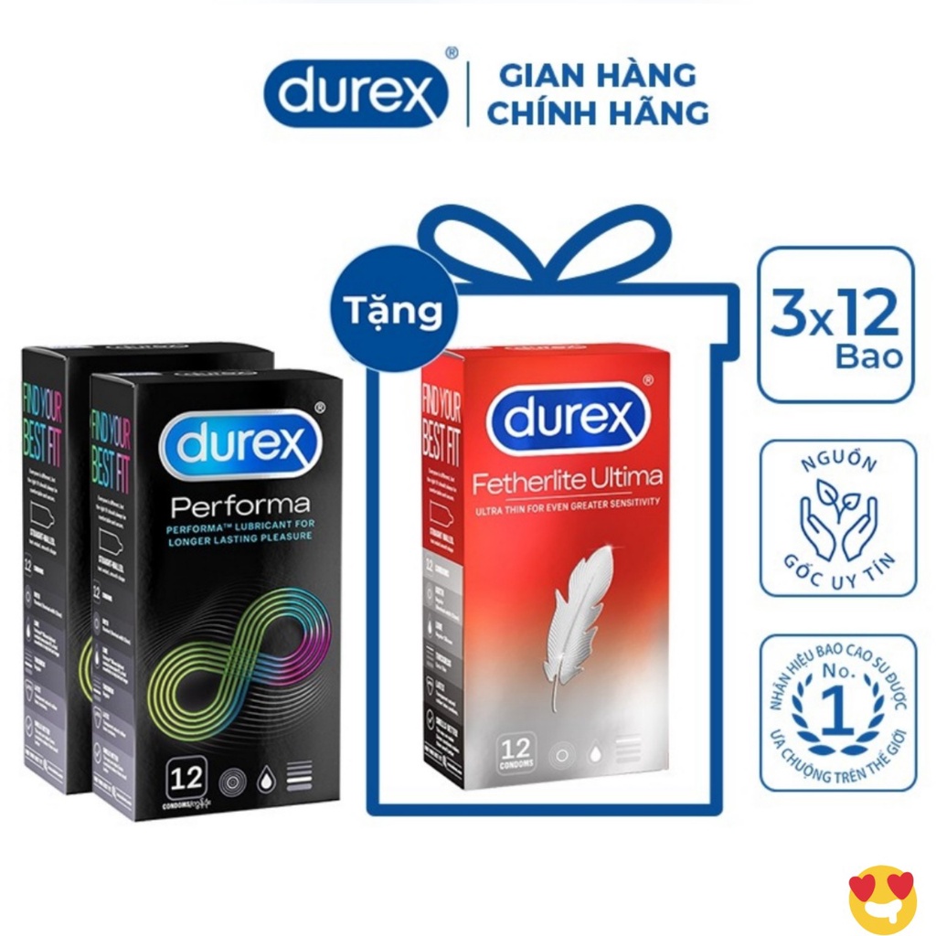 Combo 2 hộp bao cao su Durex Performa (12 cái/hộp) + Tặng 1 hộp Durex Performa 3 cái ..