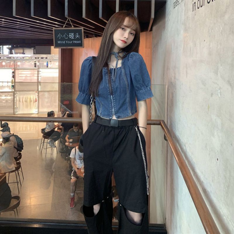 Áo kiểu sơ mi denim màu xanh dương mỏng phong cách Hàn Quốc thời trang