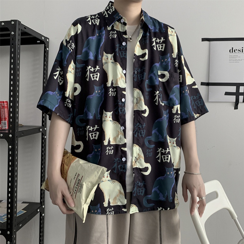 Áo sơ mi đi biển PURUILONG tay ngắn dáng rộng in hình mèo phong cách Hàn Quốc thời trang cho nam