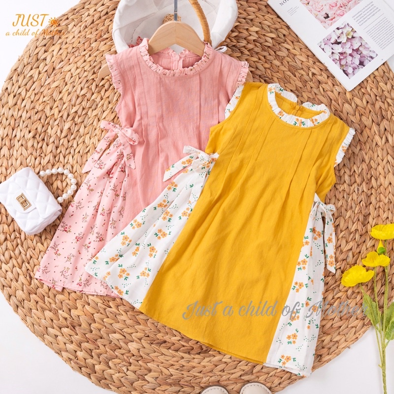 Váy cho bé gái,Vải thô cara phối hoa xinh xắn cho bé từ 9-35kg