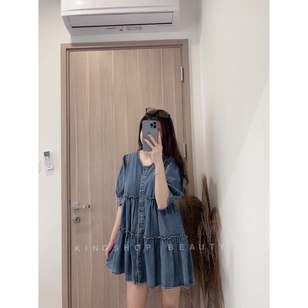 Váy babydoll jean cổ v- babydoll nữ tay bồng chất bò dày dặn màu xanh tiểu thư xòe tầng phong cách ulzzang hàn quốc