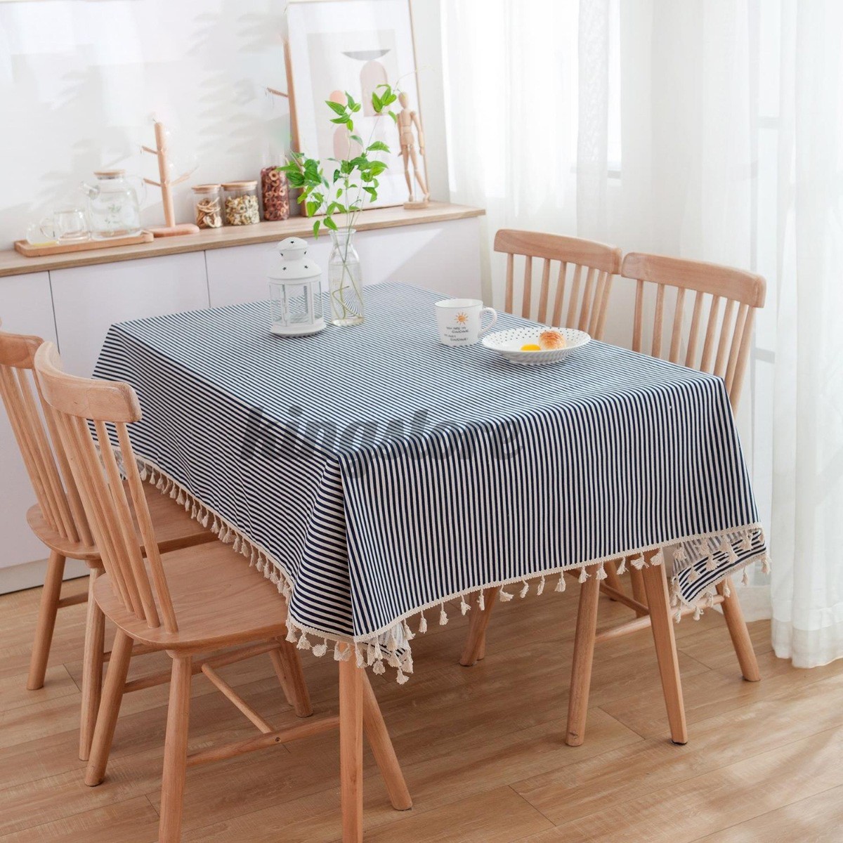 Stripe Printed Cotton Linen Tablecloth Rectangle Tassel Tea Table Cloth Cover