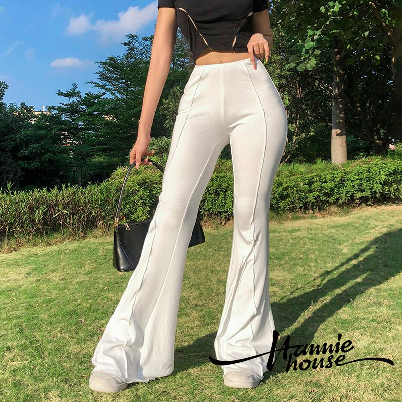 Quần ống loe lưng cao chất liệu co giãn thời trang cho nữ