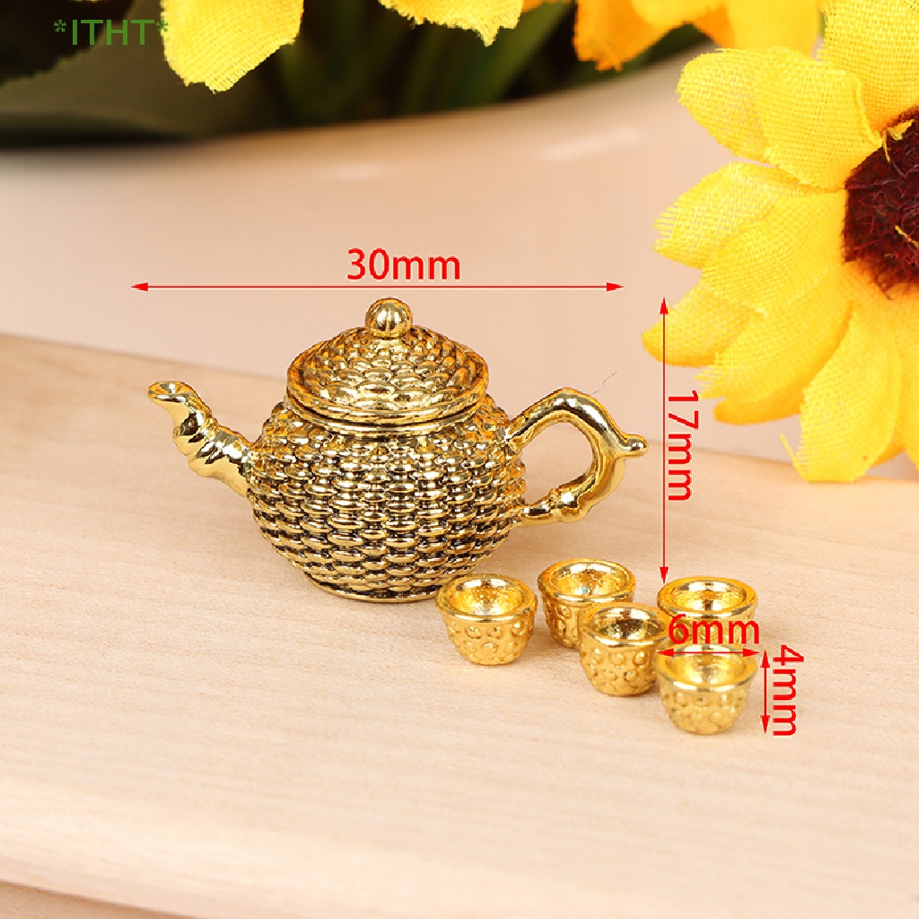 Bộ 6 Ấm Trà Mini Tỉ Lệ 1: 12 Cho Nhà Búp Bê Kèm 5 Tách Trà Và Nắp Đậy Mới