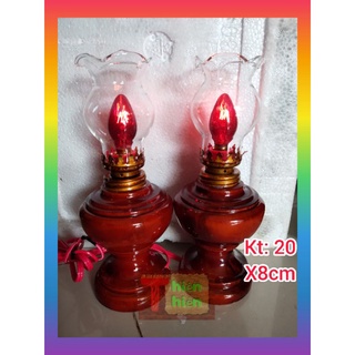 Đèn thờ gỗ (đèn dầu) đèn thờ cúng gỗ tràm bóng điện thủy tinh