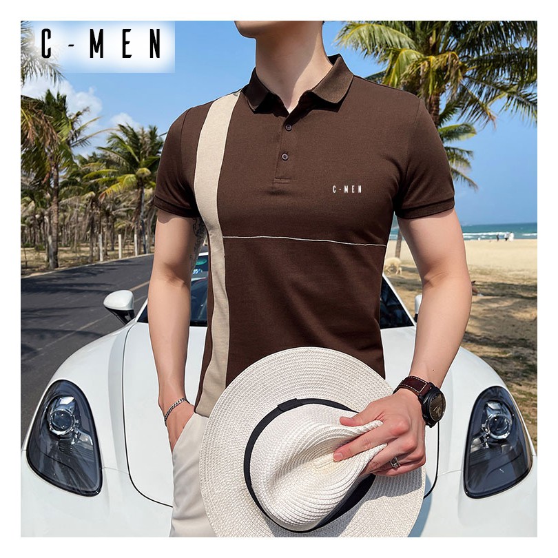 Áo Polo phông nam cổ bẻ ngắn tay phối kẻ dọc thân áo C Men AN16 cotton cao cấp