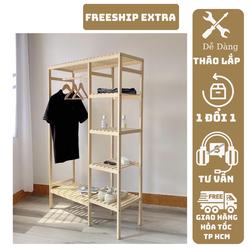 Tủ treo quần áo kệ treo quần áo 2 ngăn giá gỗ kệ giày gỗ thông cao cấp đa năng