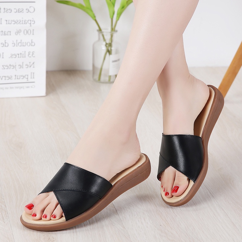 Dép Sandal Xỏ Ngón Đế Xuồng Bằng Da Thật Năm Màu Tùy Chọn Kích Thước 35-41