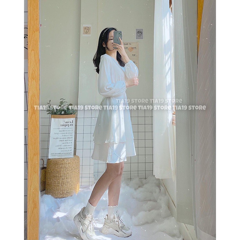 Váy trắng tầng cổ V Tia19 . Đầm trắng tiểu thư dáng xoè ( Ảnh thật) | BigBuy360 - bigbuy360.vn