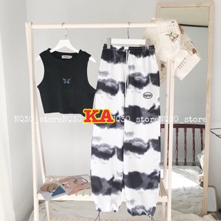 Set áo crt 3 lỗ thêu bướm + quần spun loang màu chun gấu