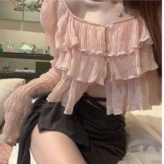 Áo Nữ Dài Tay Cổ Vuông Xếp Ly Thời Trang