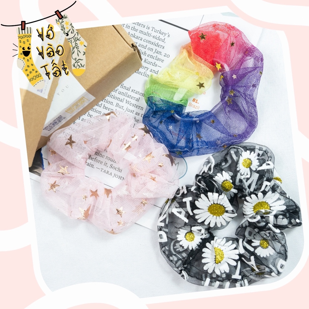 Buộc tóc scrunchies voan lưới xuyên thấu họa tiết ánh kim độc đáo