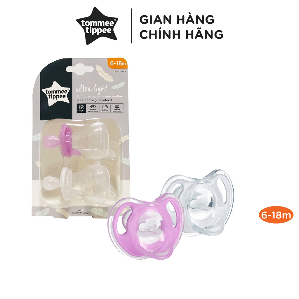 Ty ngậm silicon siêu nhẹ cho bé Tommee Tippee 6-18 tháng (vỉ 2 cái) - Tím/Trắng