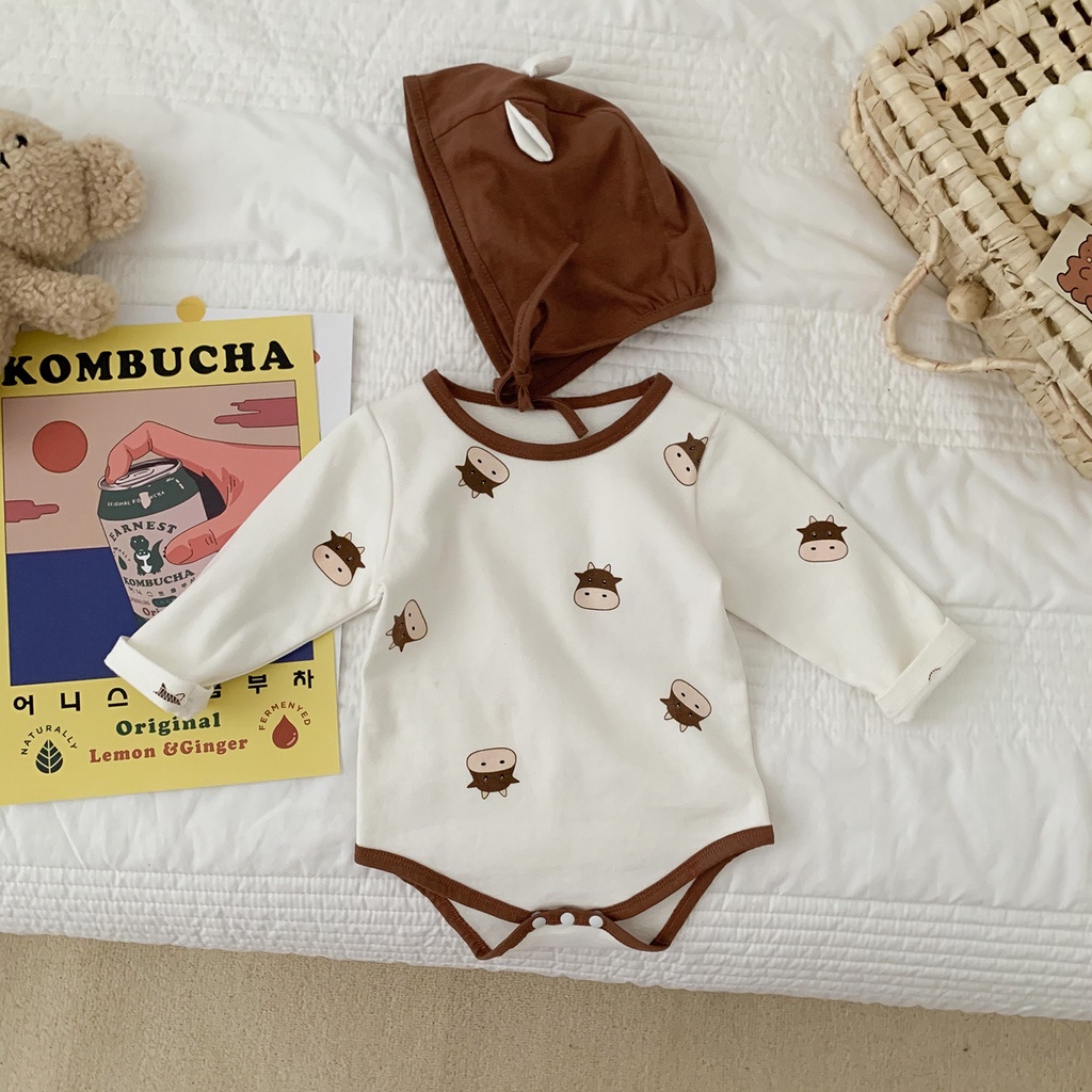 Bộ áo liền quần tay dài chất liệu cotton kèm mũ dễ thương thời trang mùa thu cho bé sơ sinh
