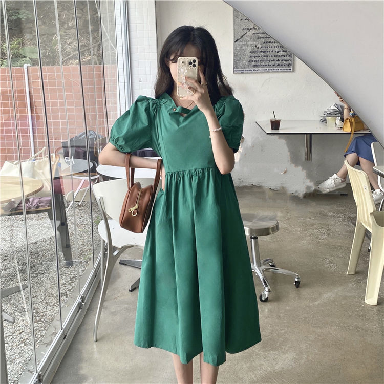 Yunyun Clothing Home ~ Summer 2021 New Korean Design Sense Neckline Buckle Lace Up Waist Short Sleeve Dress[delivery Within 15 Days ]