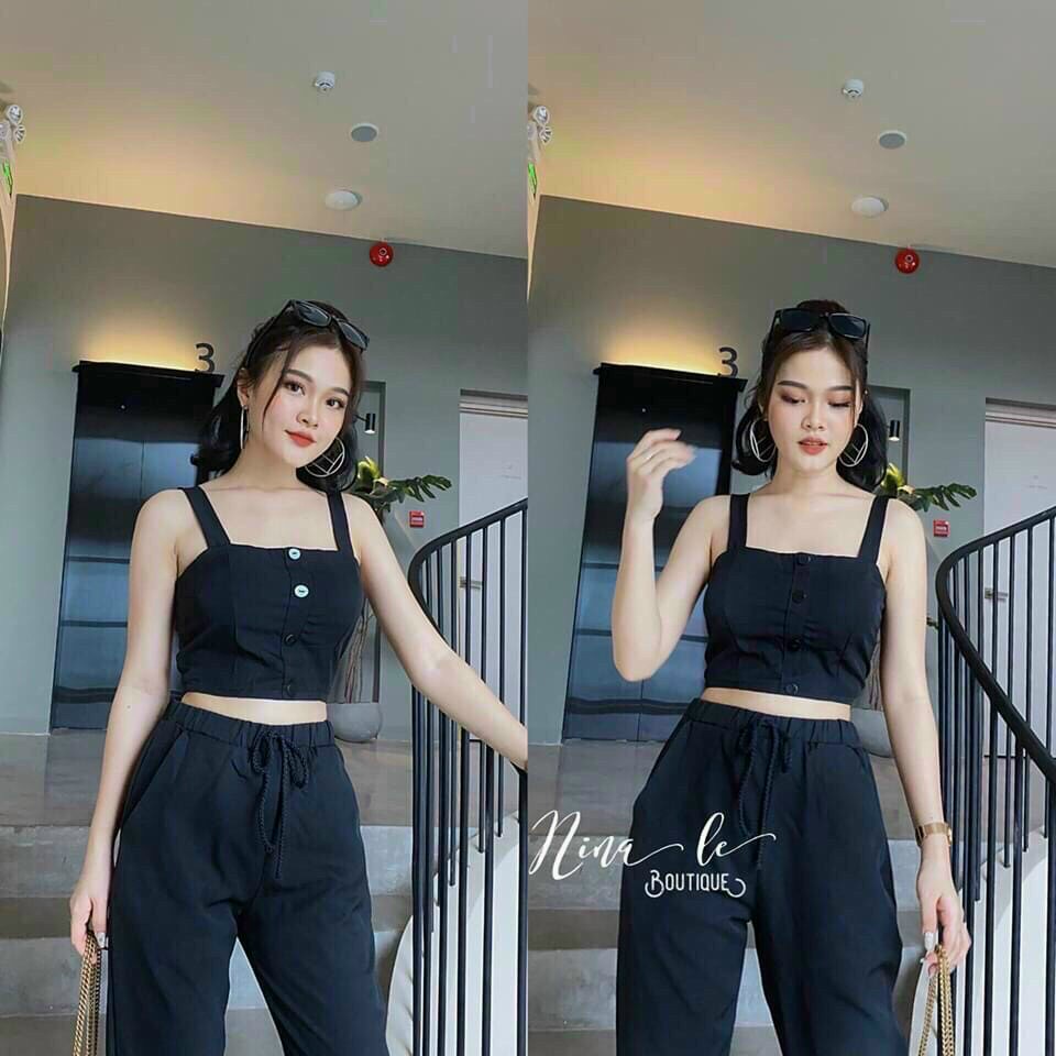 Set áo hai dây ngực đính nút và quần dài bo chun