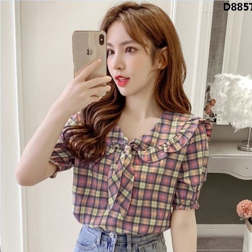 Áo Sơ Mi Tay Lỡ Cổ Hải Quân/ Họa Tiết Kẻ Sọc Caro Dễ Thương Phong Cách Hàn Quốc Thời Trang Mùa Hè 2020 Cho Nữ